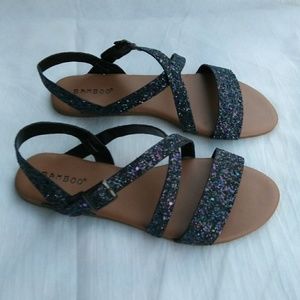 New Black Glitter Crisscross Sandals